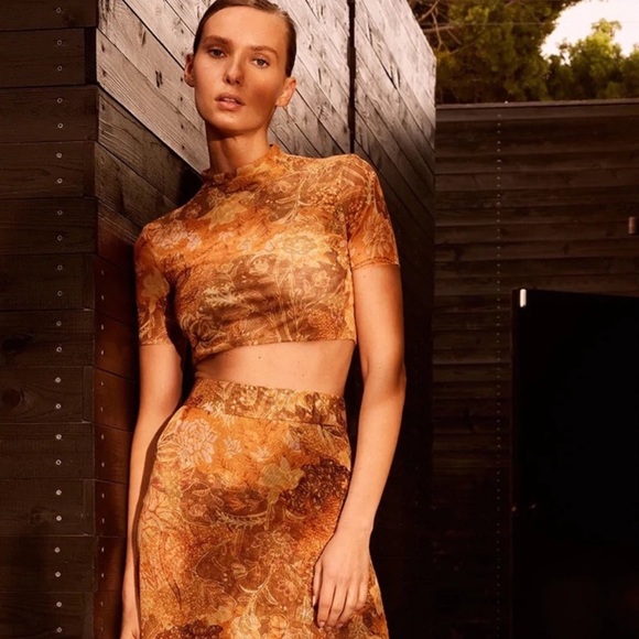 Misa Los Angeles Rumer Crop Top in Golden Batik Floral Mesh Size Medium NWT - Picture 1 of 5